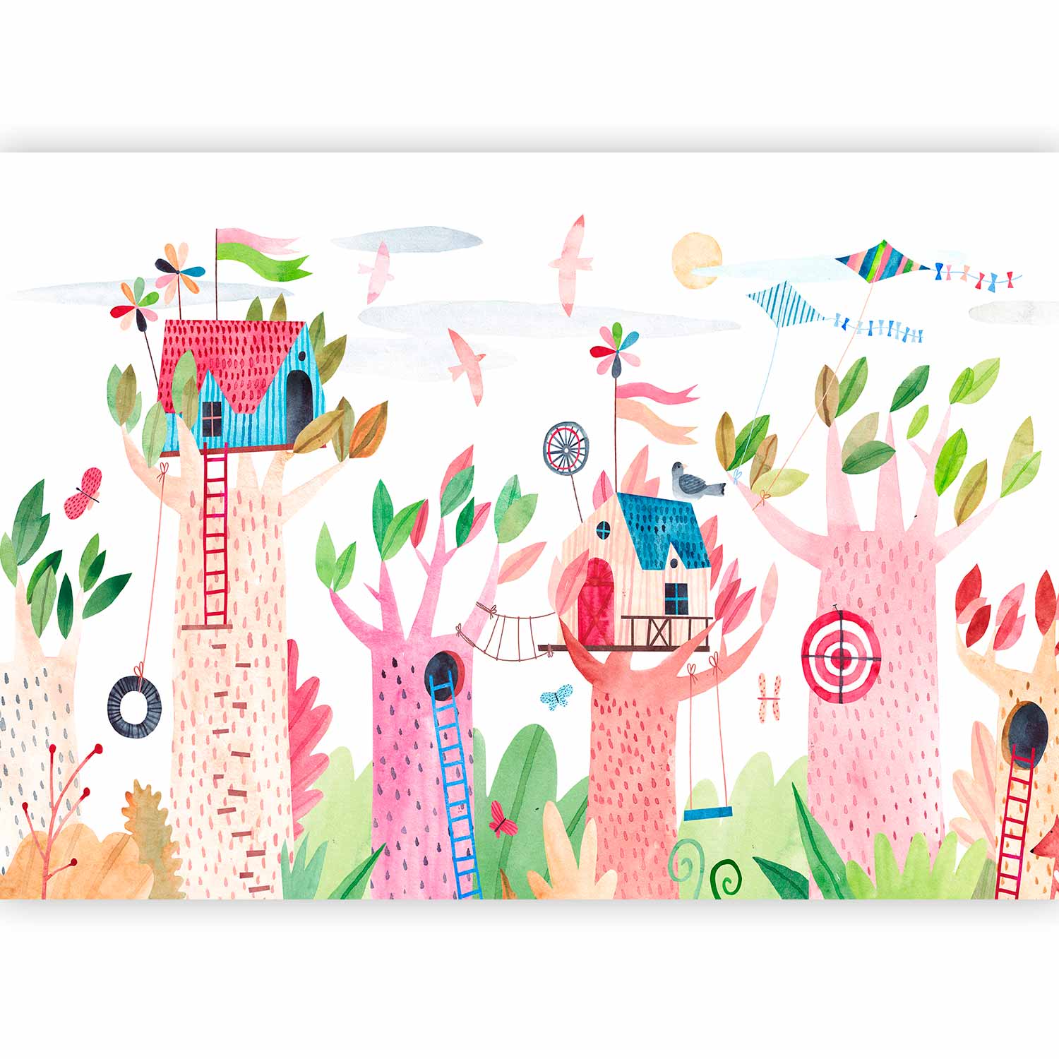 Wall Mural for Children: Painted Tree Houses, Colourful Fantasy with Kites