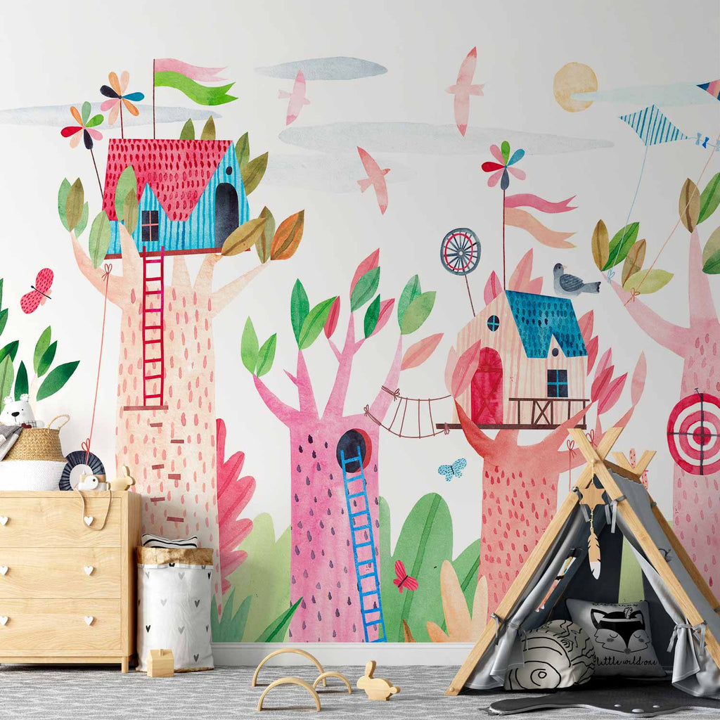 Wall Mural for Children: Painted Tree Houses, Colourful Fantasy with Kites