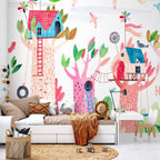 Wall Mural for Children: Painted Tree Houses, Colourful Fantasy with Kites