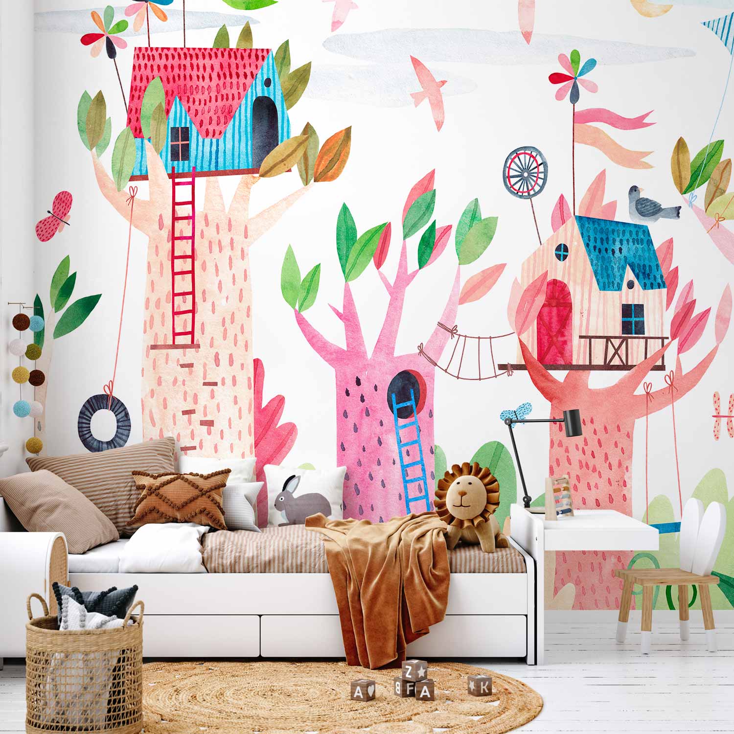 Wall Mural for Children: Painted Tree Houses, Colourful Fantasy with Kites