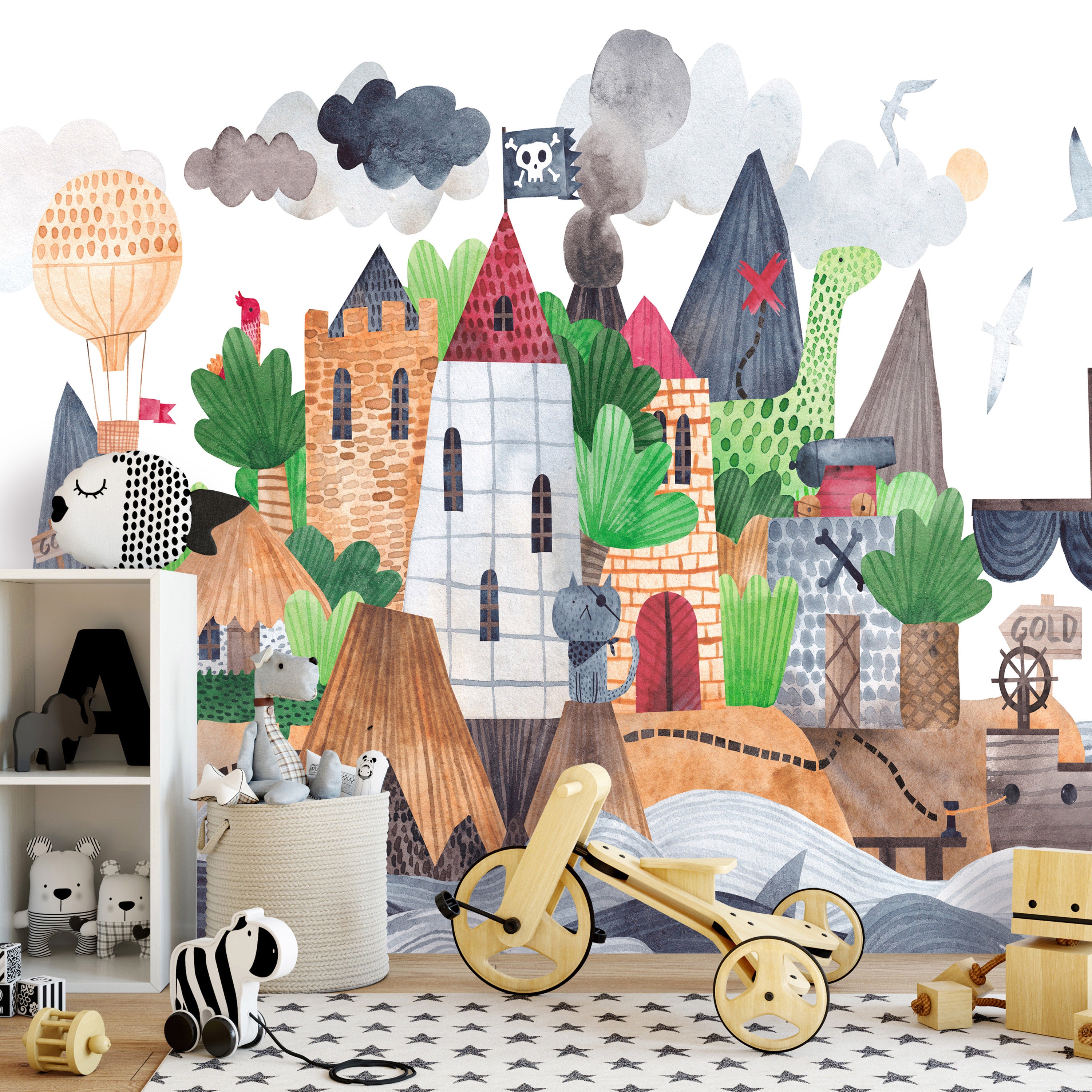 Wall Mural: Colourful Treasure Island with Castle and Pirate Ship for Children