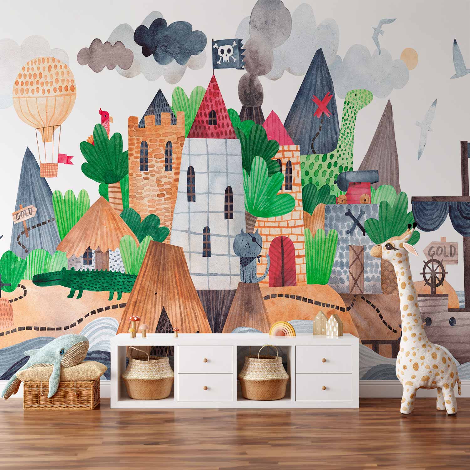 Wall Mural: Colourful Treasure Island with Castle and Pirate Ship for Children