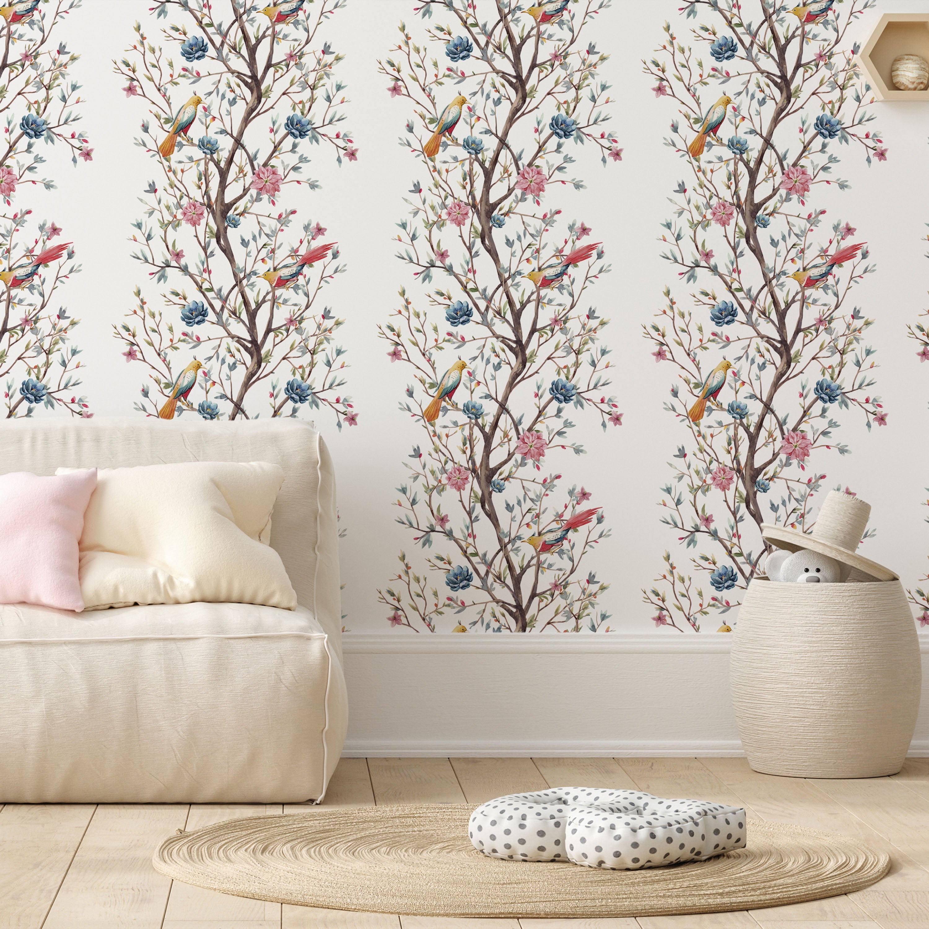 Birds on a Flowering Twig Wallpaper
