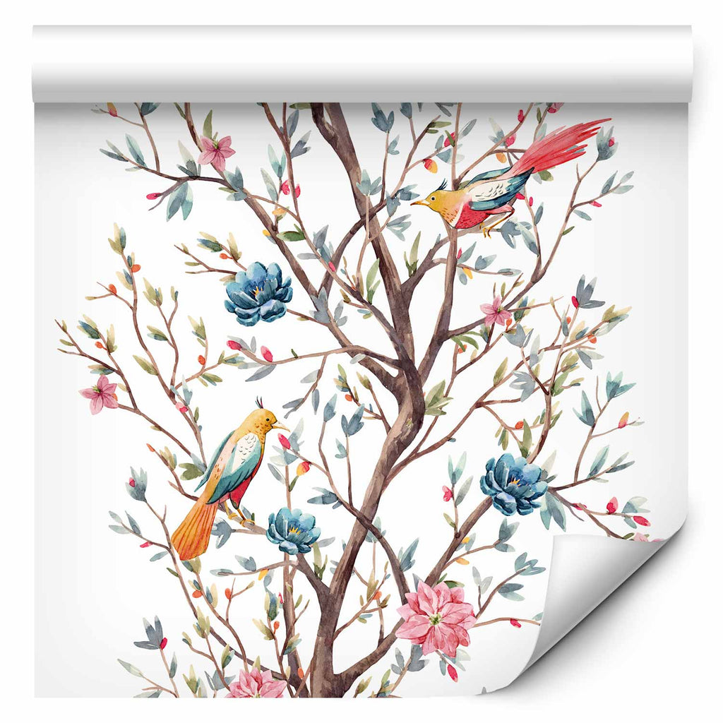 Birds on a Flowering Twig Wallpaper