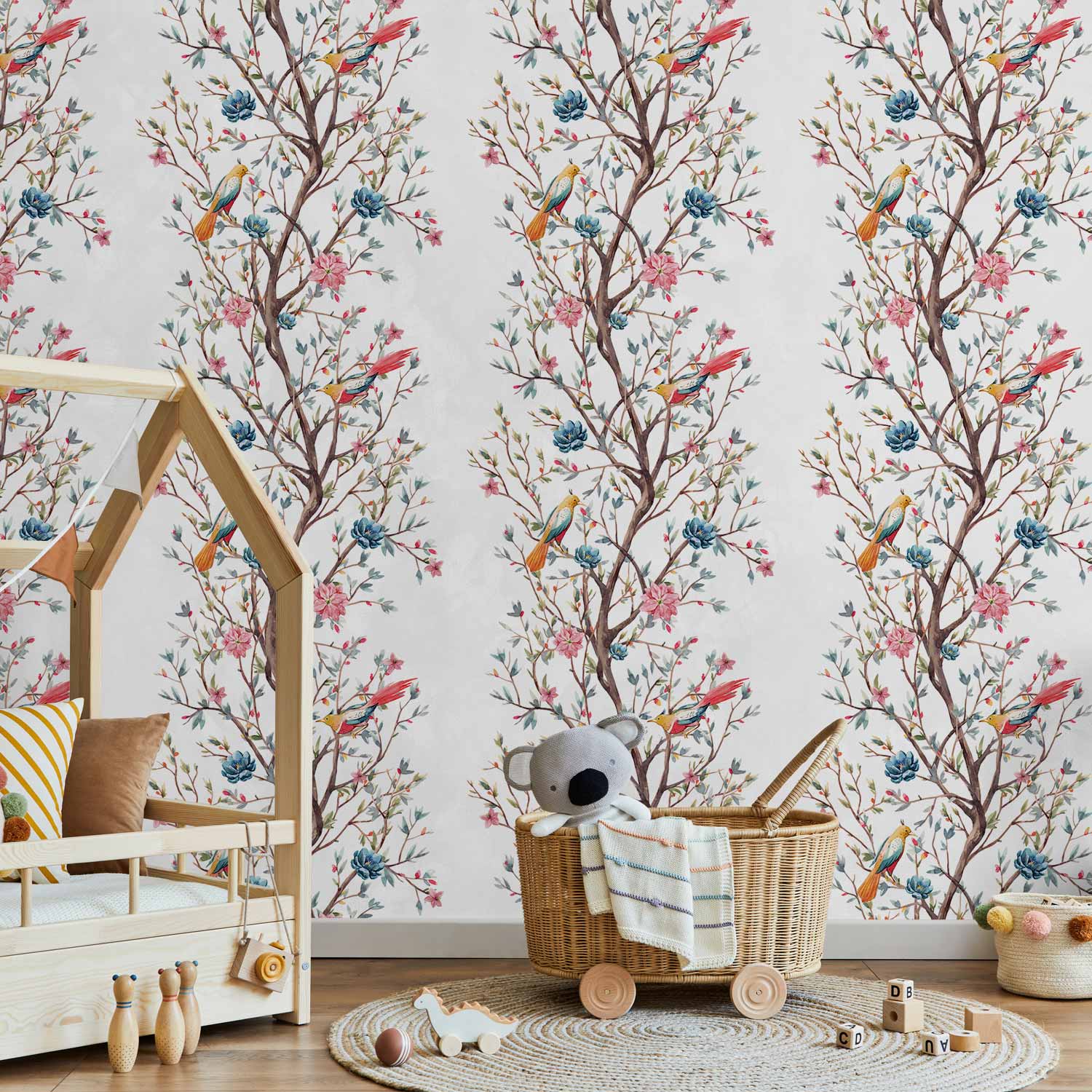 Birds on a Flowering Twig Wallpaper