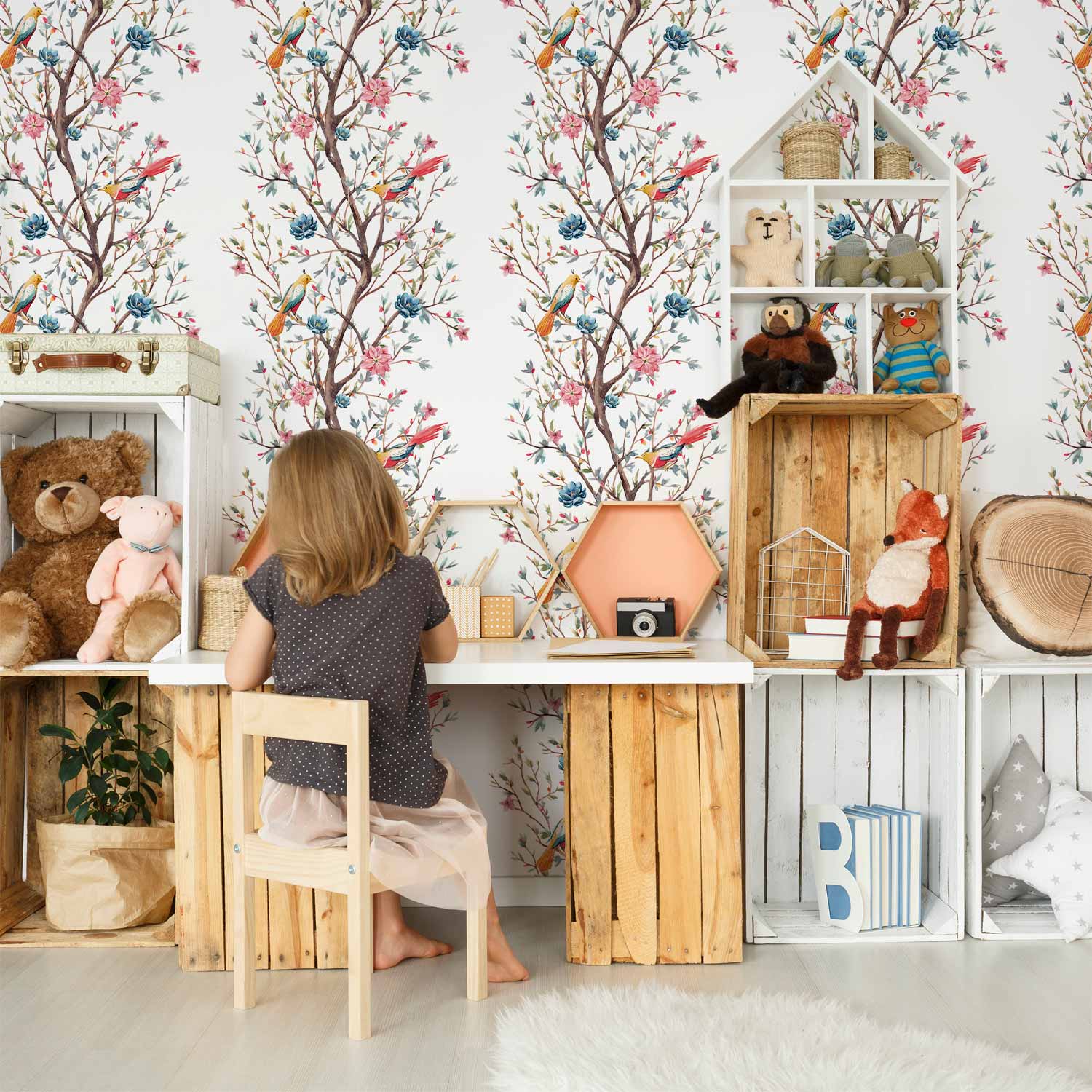 Birds on Flowering Twig Nature Wallpaper