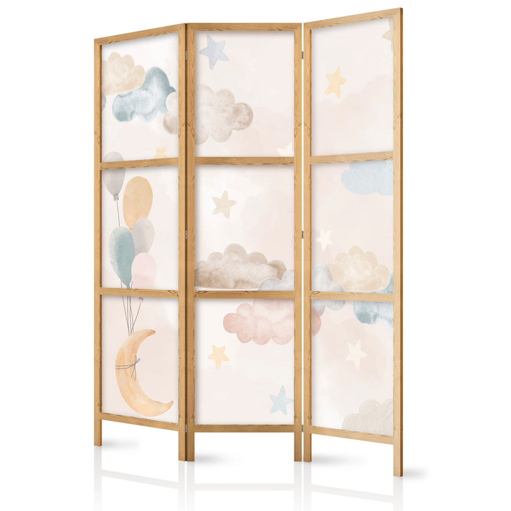 Japanese Room Divider - Fairy-Tale Moon with Balloons Among Clouds and Stars on Beige Background