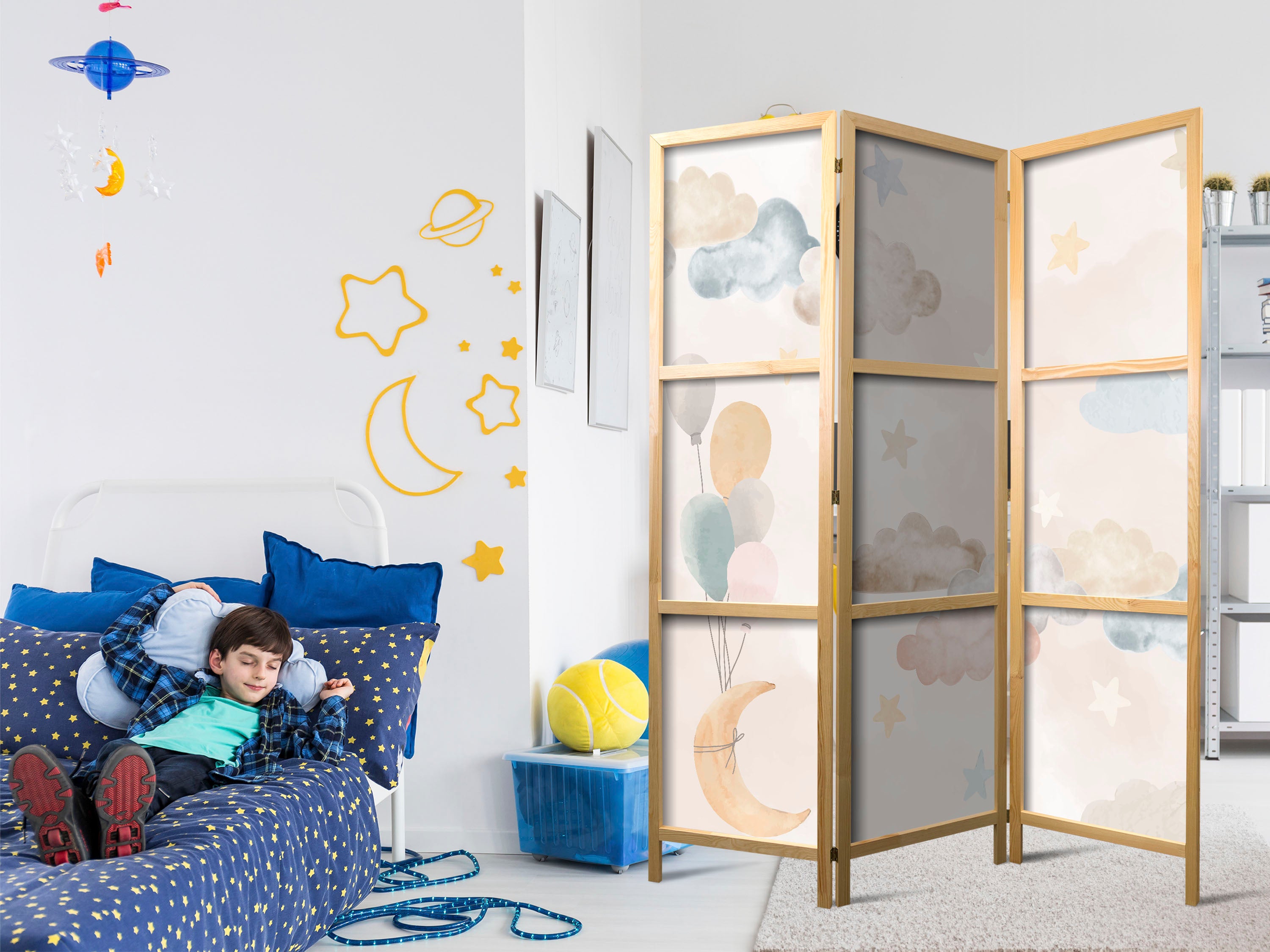 Japanese Room Divider - Fairy-Tale Moon with Balloons Among Clouds and Stars on Beige Background