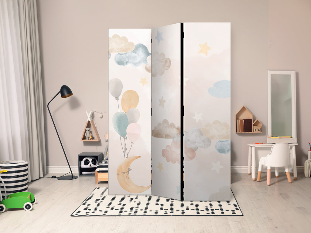 Room Divider with Fairy Tale Moon - Soft Moon, Balloons, Clouds and Stars on Beige