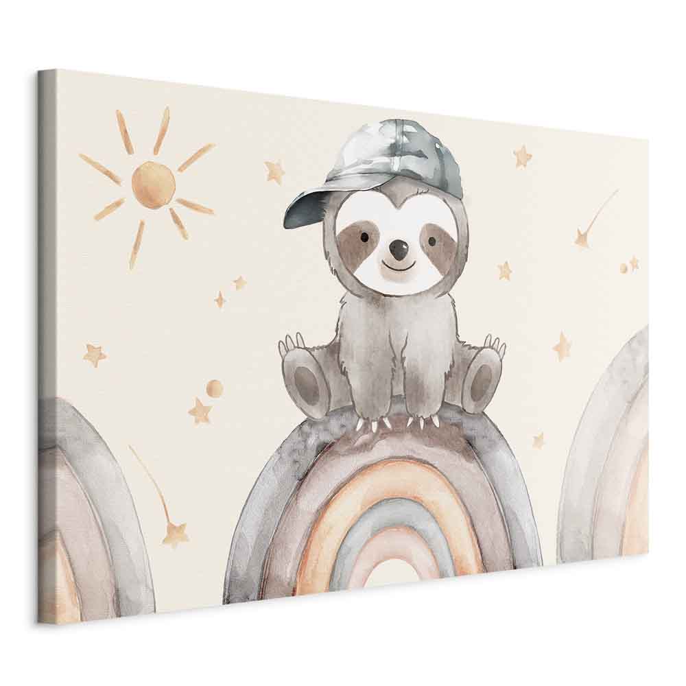 Canvas Print: Happy Sloth on Rainbow with Stars