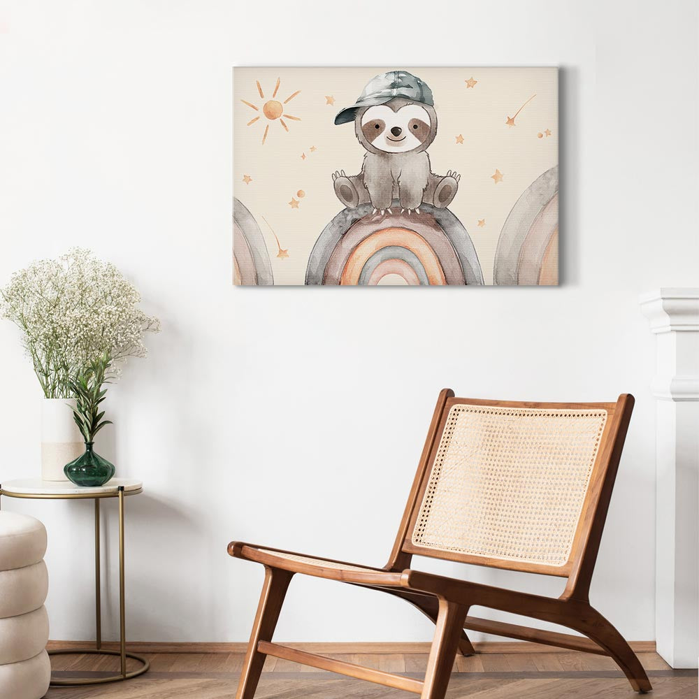 Canvas Print: Happy Sloth on Rainbow with Stars