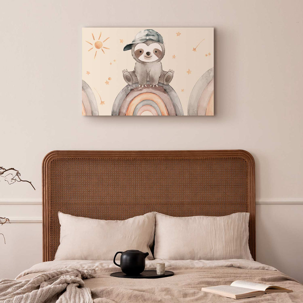 Happy Sloth Rainbow Stars Kids Canvas Print
