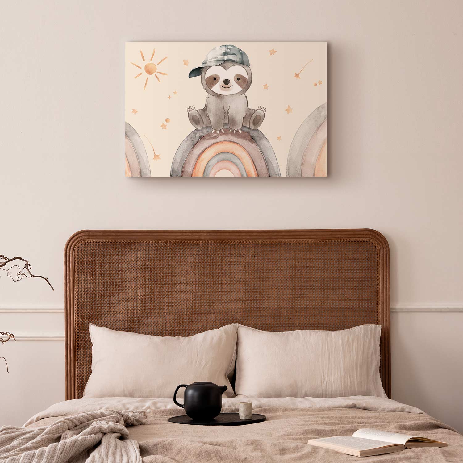 Happy Sloth Rainbow Stars Kids Canvas Print