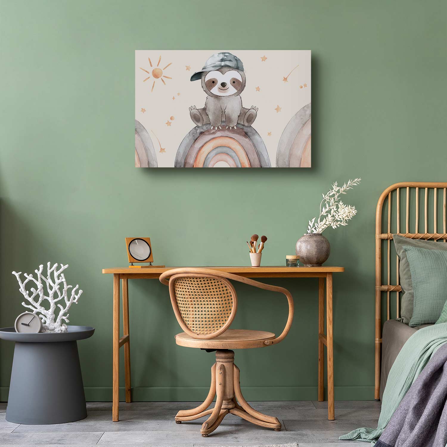 Happy Sloth Rainbow Stars Kids Canvas Print