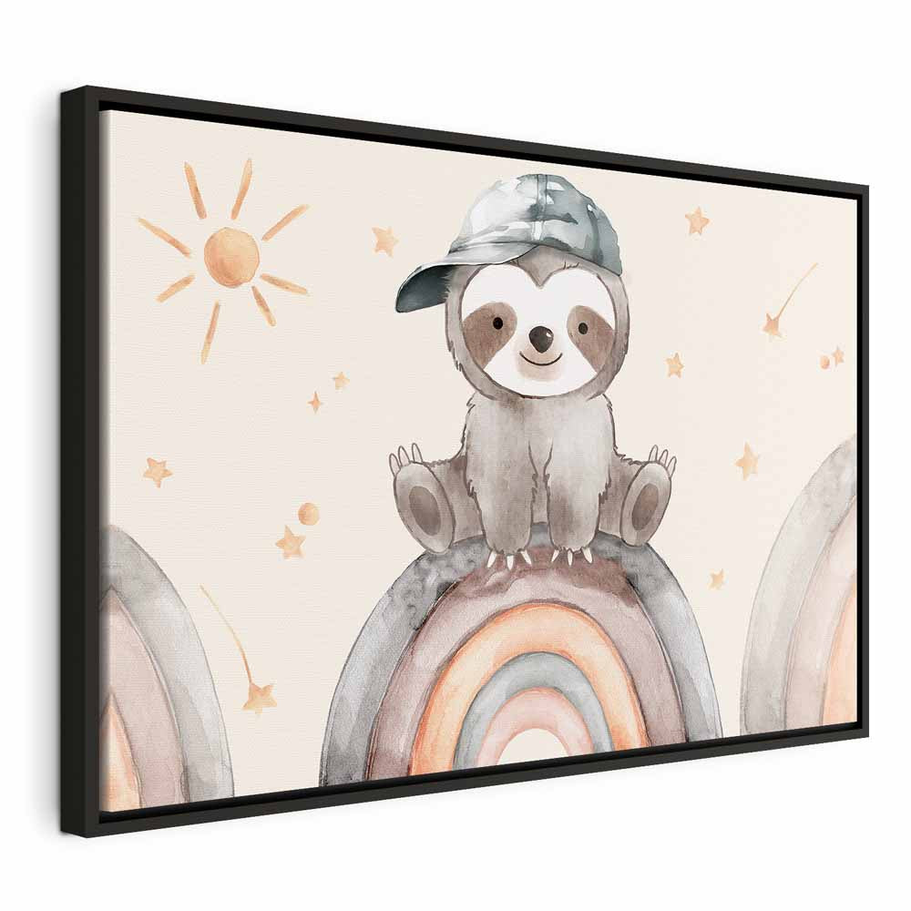 Canvas Print: Happy Sloth on Rainbow with Stars