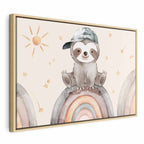Canvas Print: Happy Sloth on Rainbow with Stars
