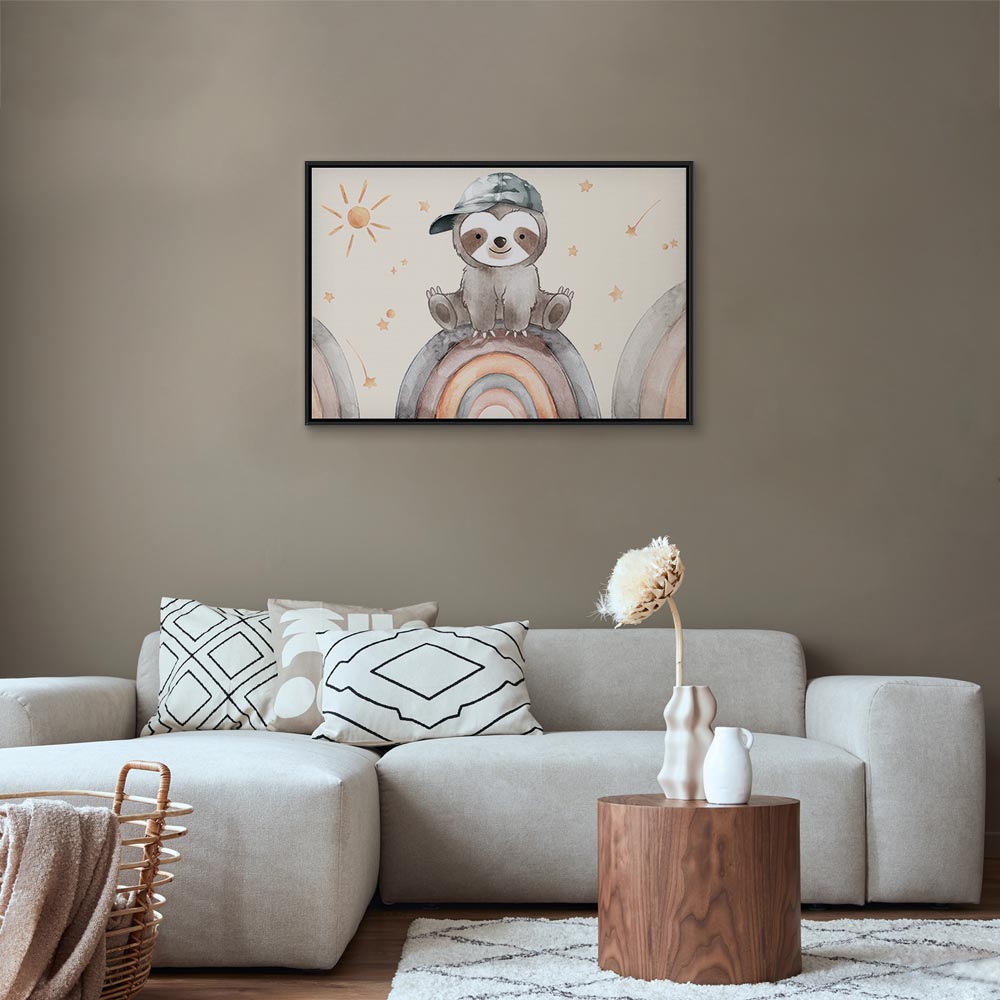 Canvas Print: Happy Sloth on Rainbow with Stars