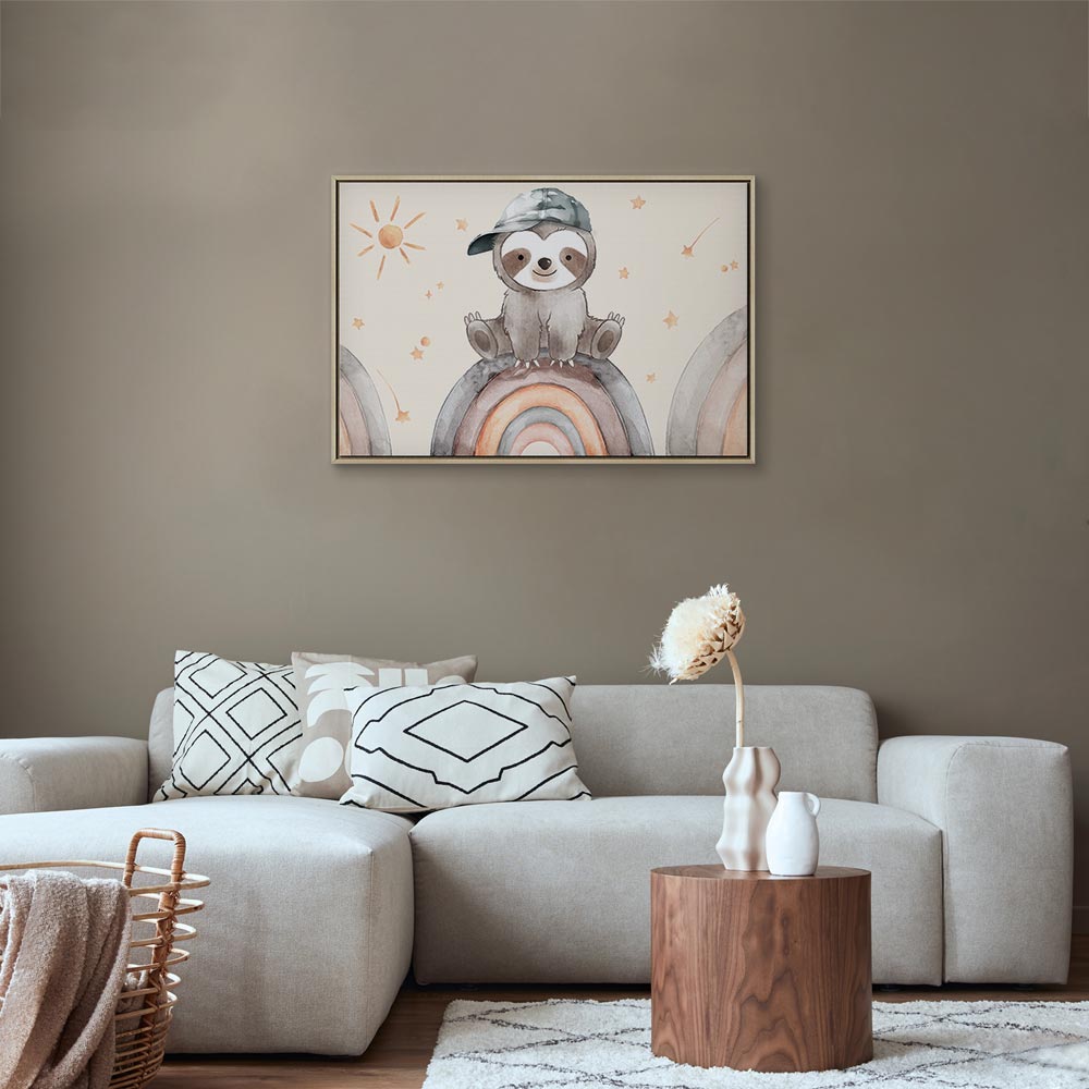 Canvas Print: Happy Sloth on Rainbow with Stars