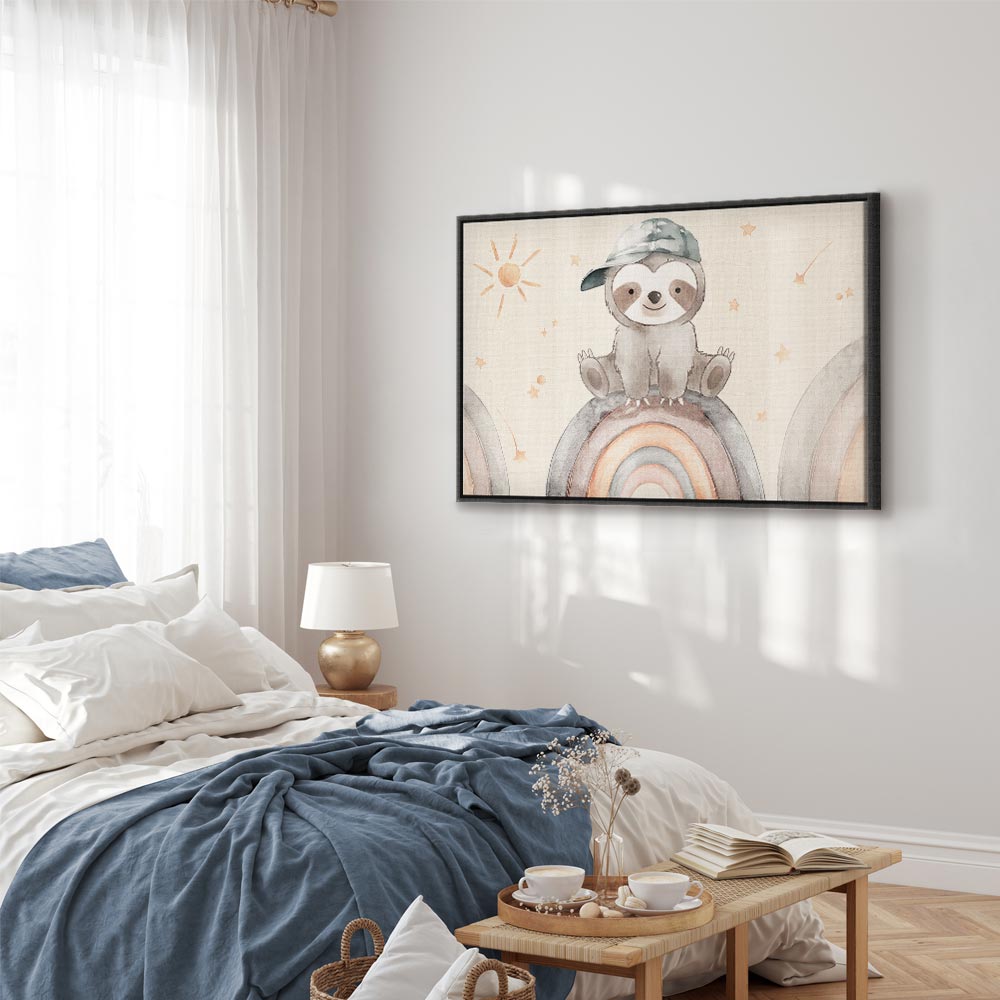 Canvas Print: Happy Sloth on Rainbow with Stars