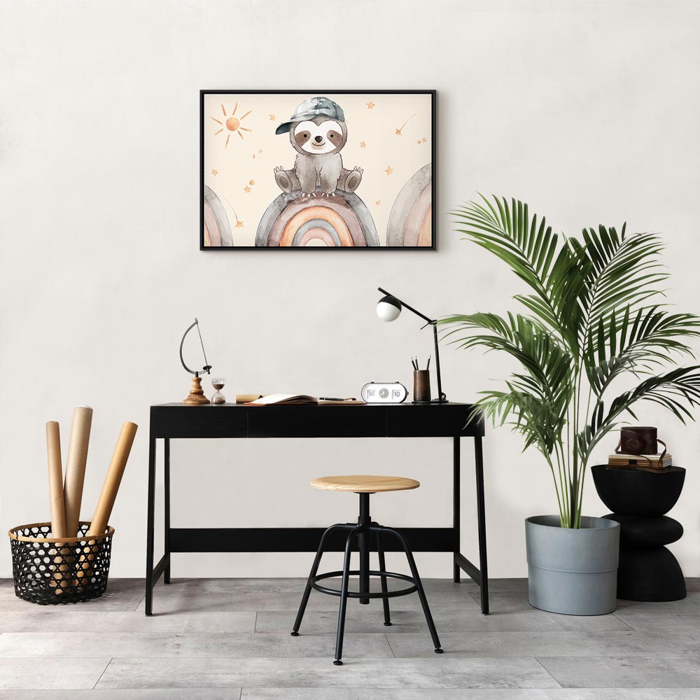 Canvas Print: Happy Sloth on Rainbow with Stars