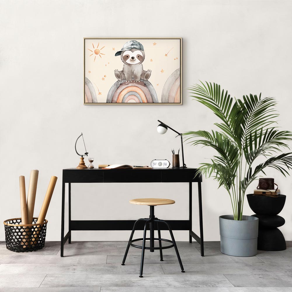 Canvas Print: Happy Sloth on Rainbow with Stars