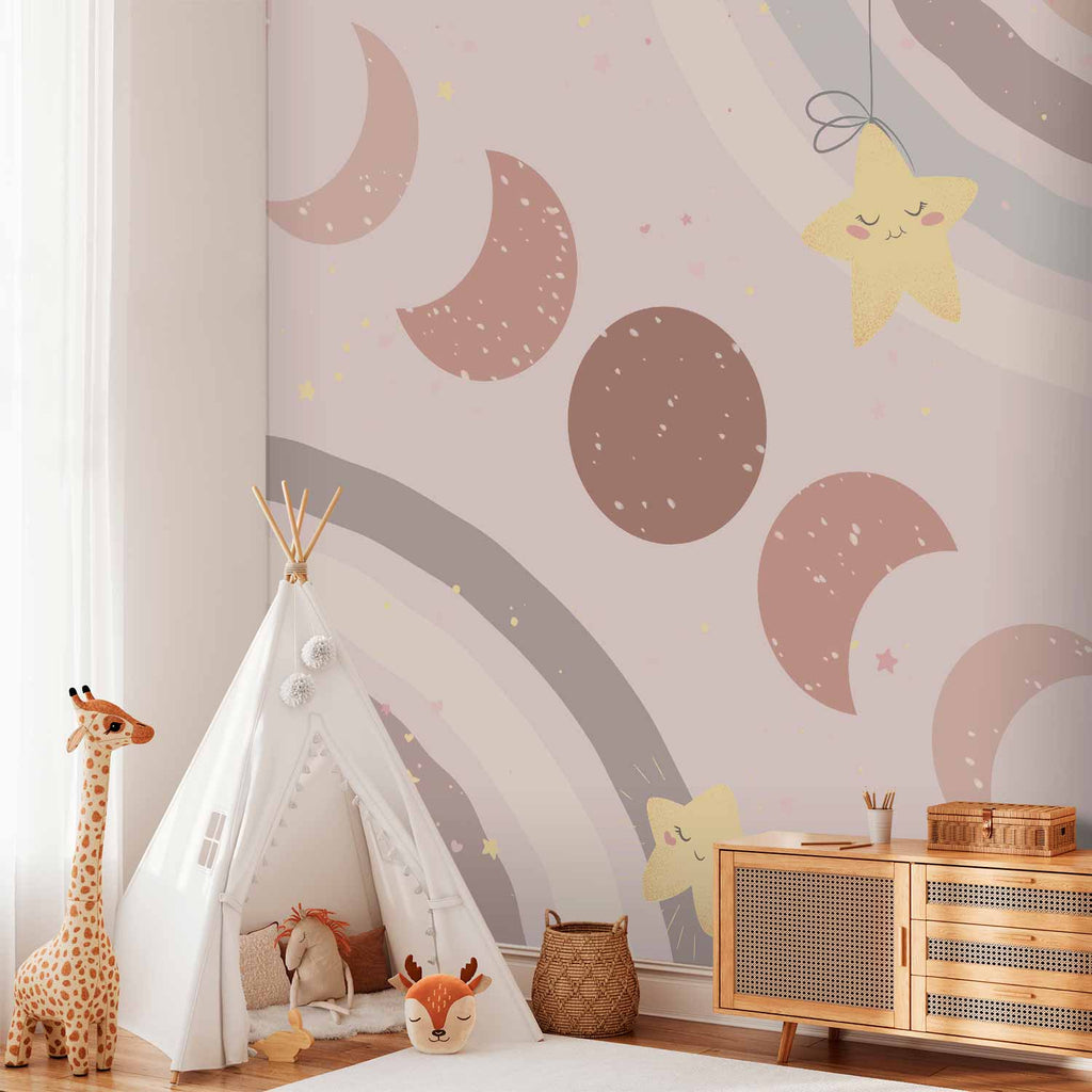 Moon Phases Stars and Rainbows Wall Mural
