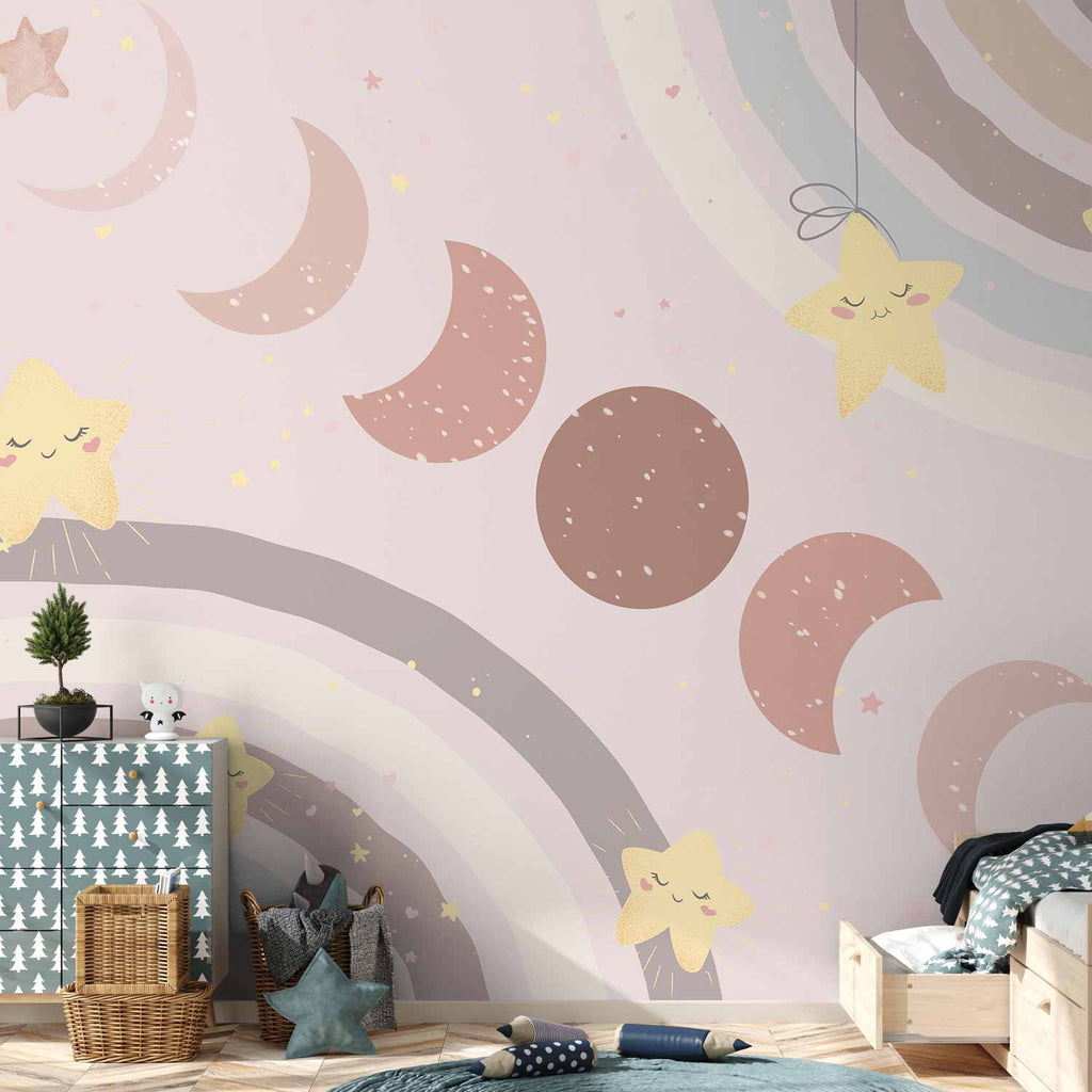 Moon Phases Stars and Rainbows Wall Mural