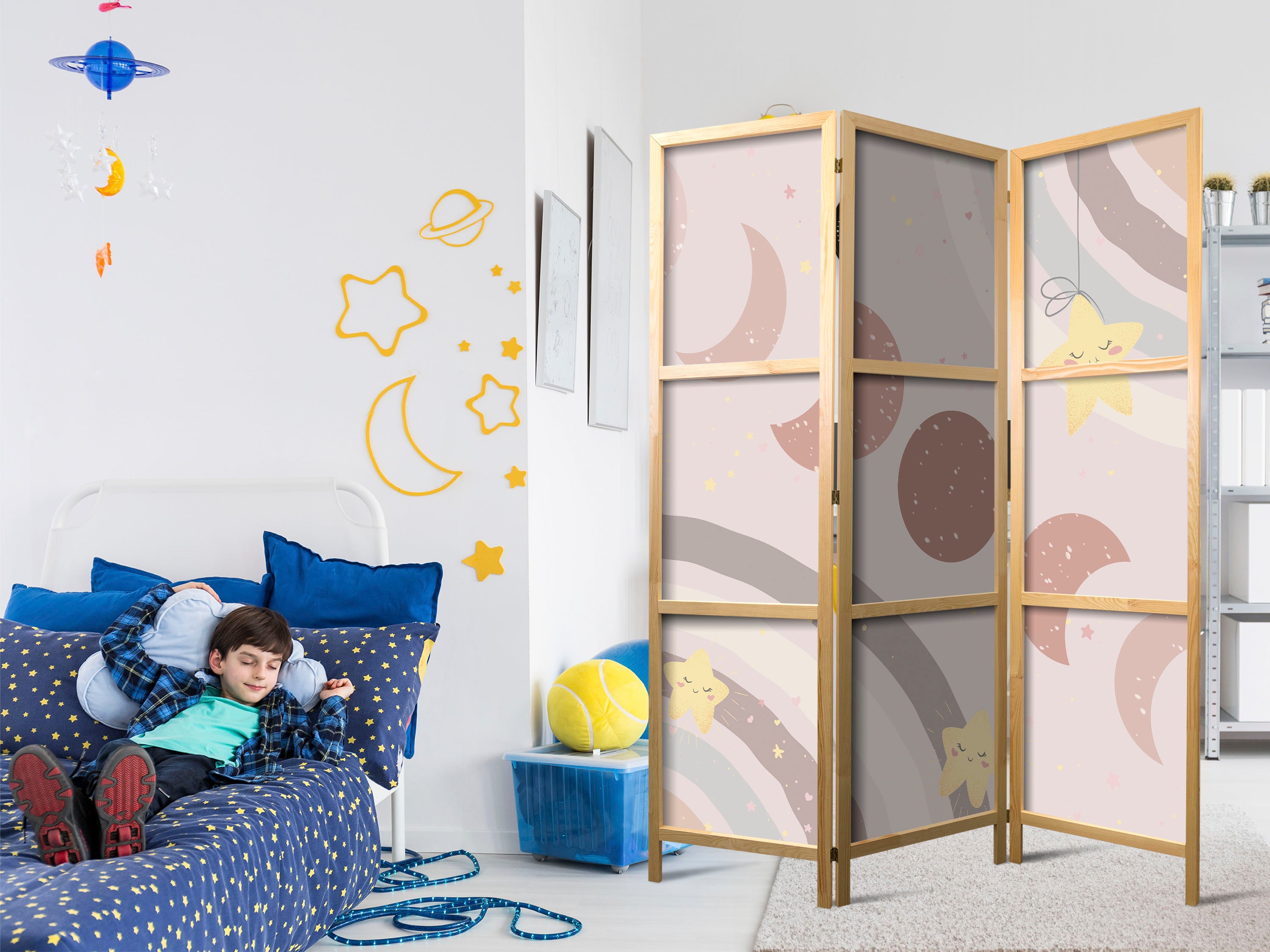 Japanese Room Divider - Joyful Sky with Stars and Rainbow