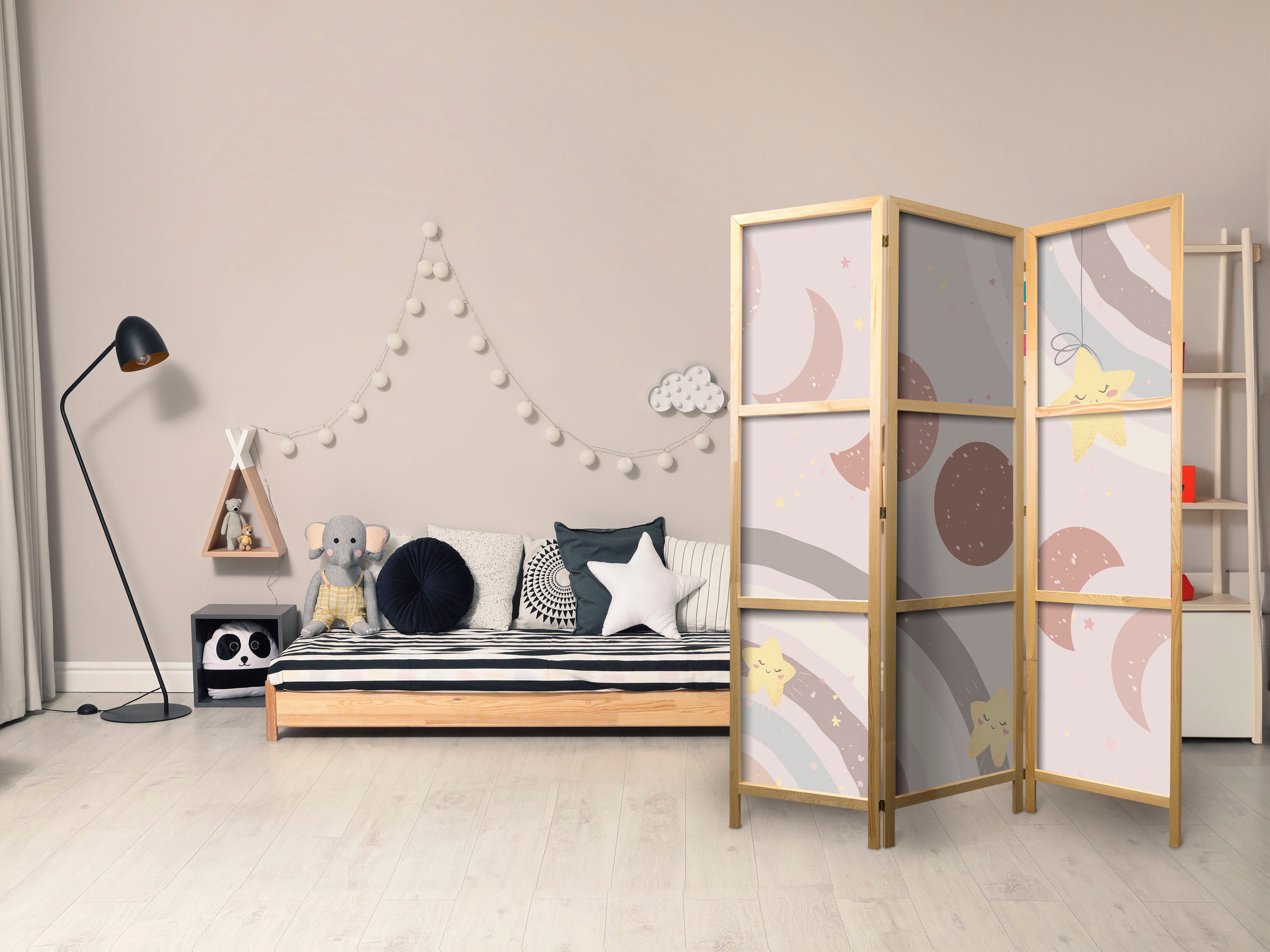Japanese Room Divider - Joyful Sky with Stars and Rainbow