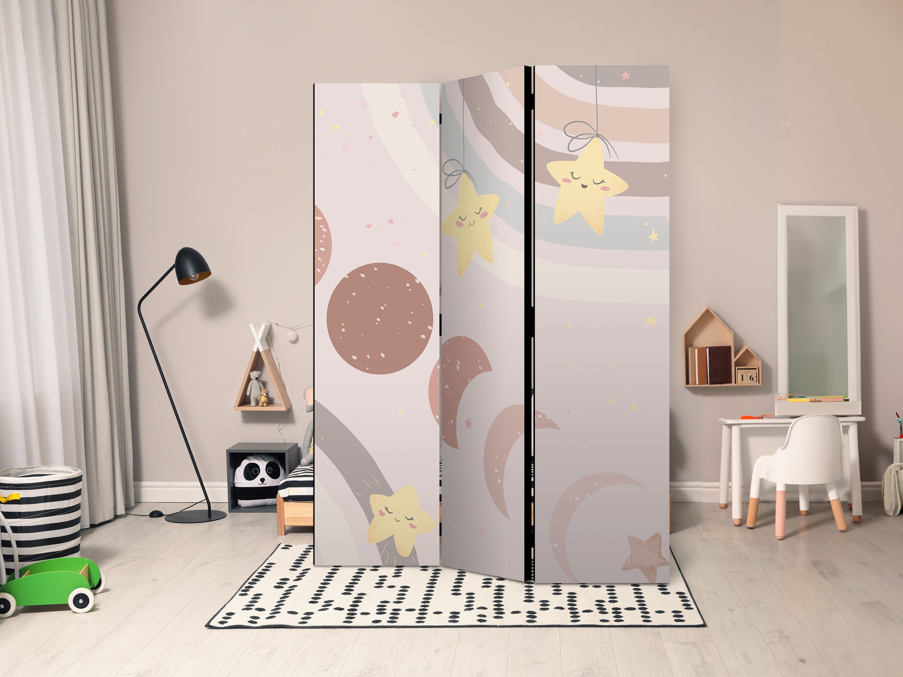 Room Divider 3-panel Beige Grey 135x172 - Joyful Sky