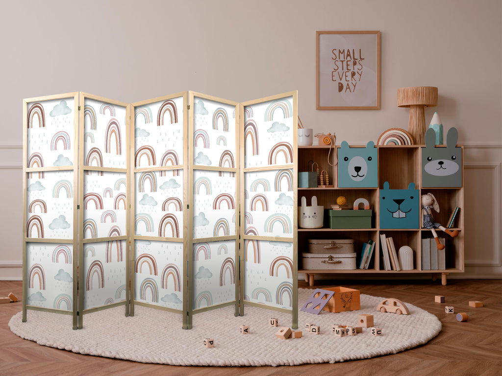 Japanese Room Divider with Rainbow Clouds in Muted Blues