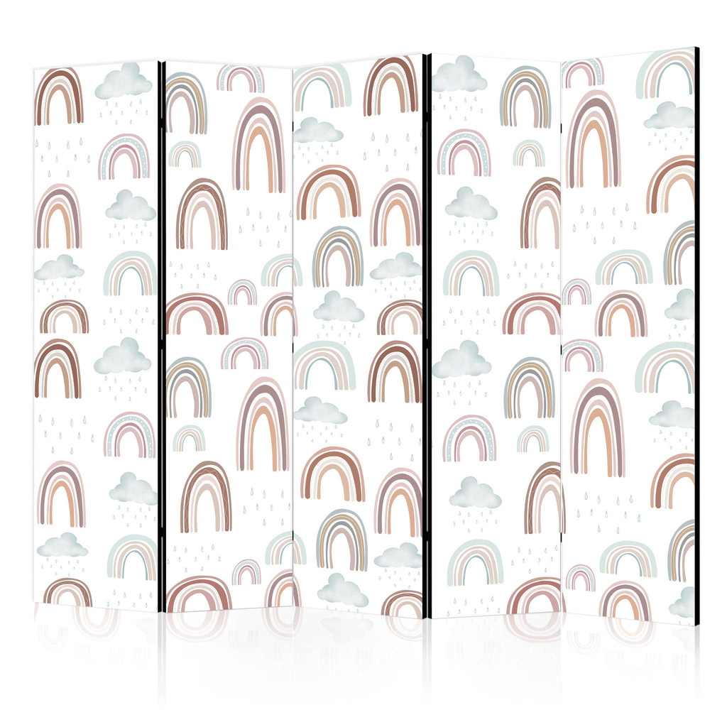 Room Divider - Rainbows and Clouds - Rainbows of Various Sizes in Muted Colors Among Rain Clouds in a Pale Blue Shade