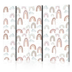 Room Divider - Rainbows and Clouds - Rainbows of Various Sizes in Muted Colors Among Rain Clouds in a Pale Blue Shade
