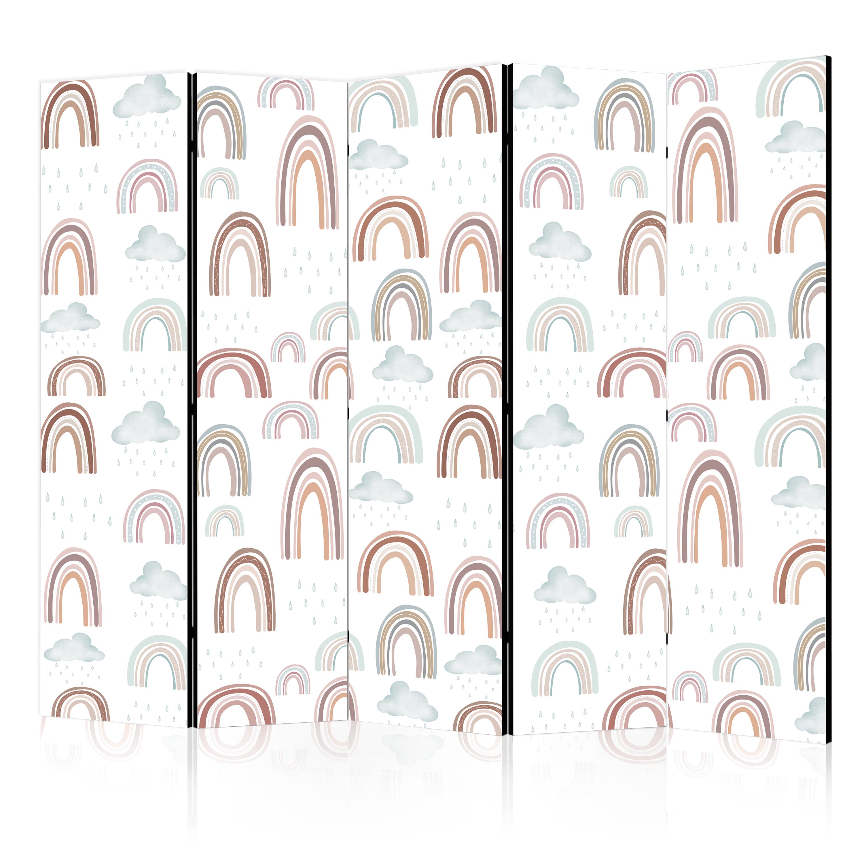 Room Divider - Rainbows and Clouds - Rainbows of Various Sizes in Muted Colors Among Rain Clouds in a Pale Blue Shade