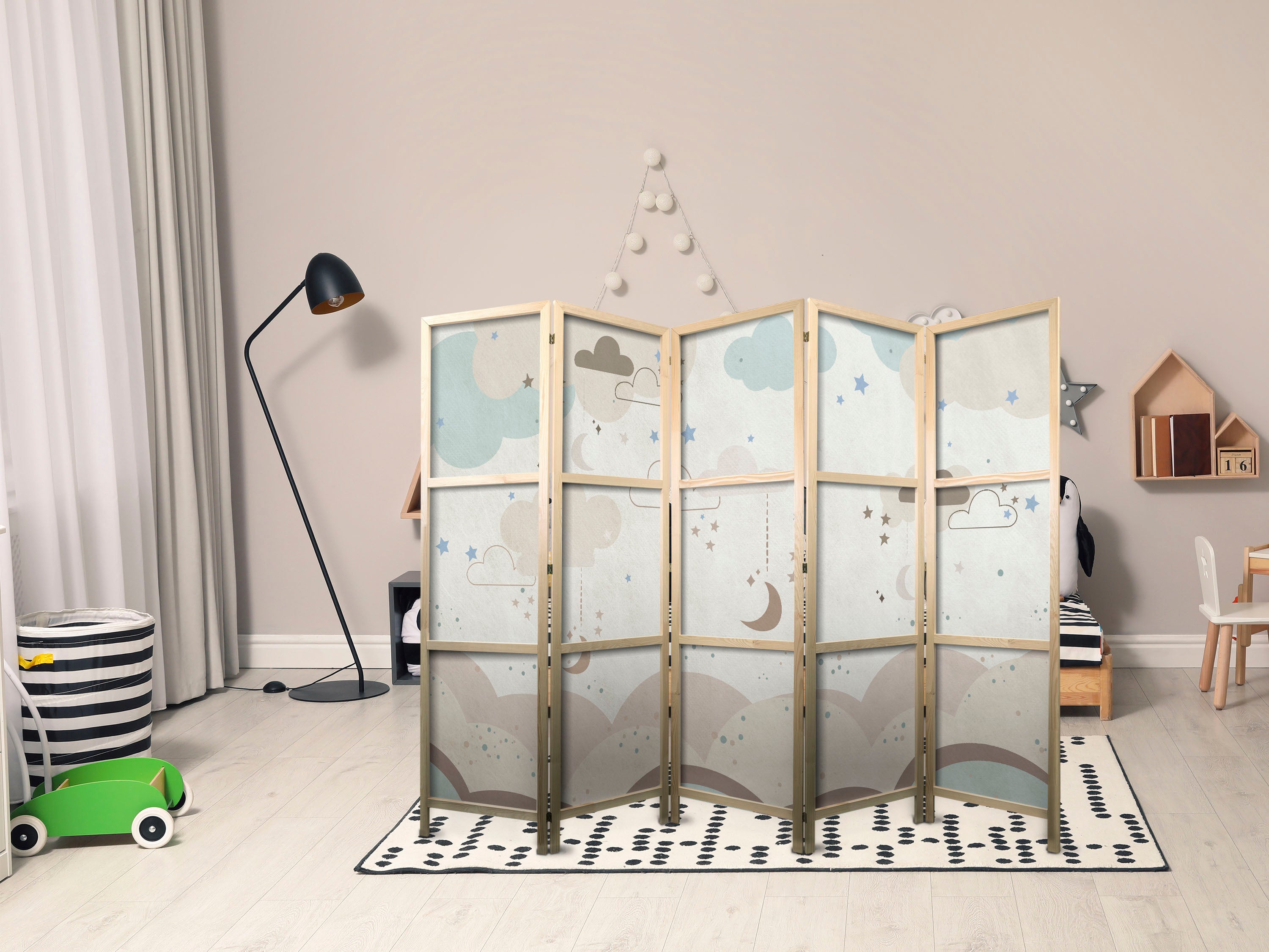 Japanese Room Divider - Cloudy Night Sky with Moons and Stars