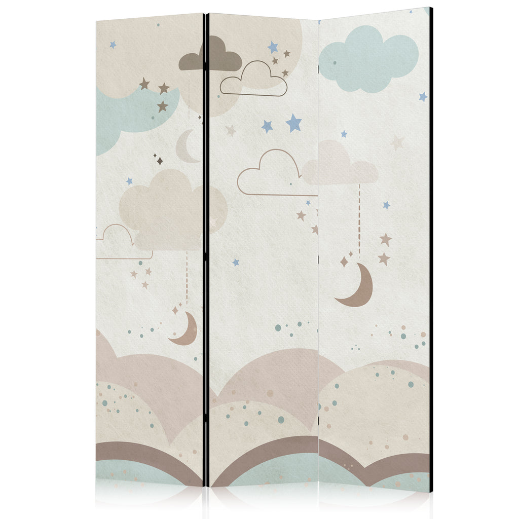 Room Divider - Cloudy Night Sky - Moons in Browns and Beiges Amid Numerous Clouds and Stars on a Light Background