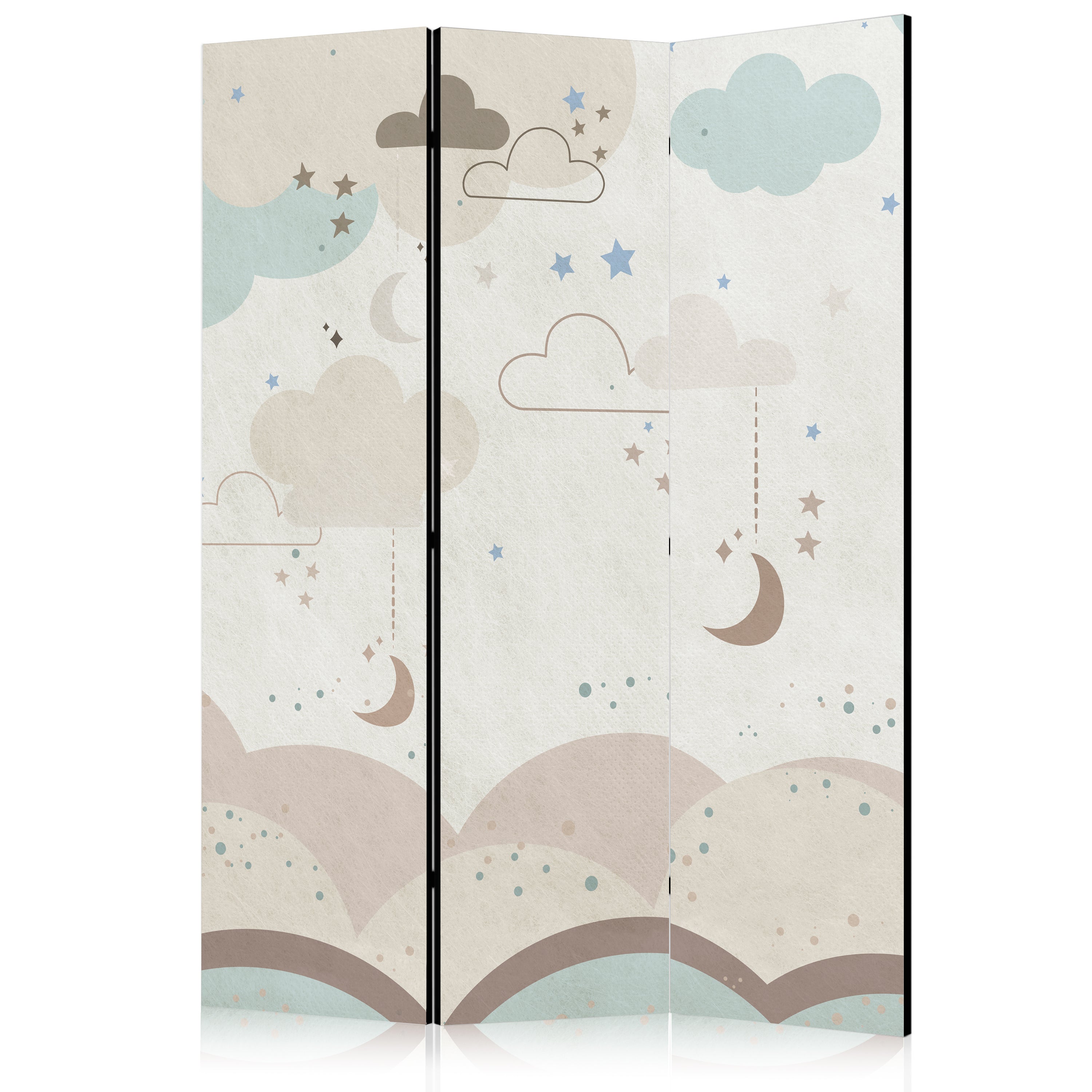 Room Divider - Cloudy Night Sky - Moons in Browns and Beiges Amid Numerous Clouds and Stars on a Light Background