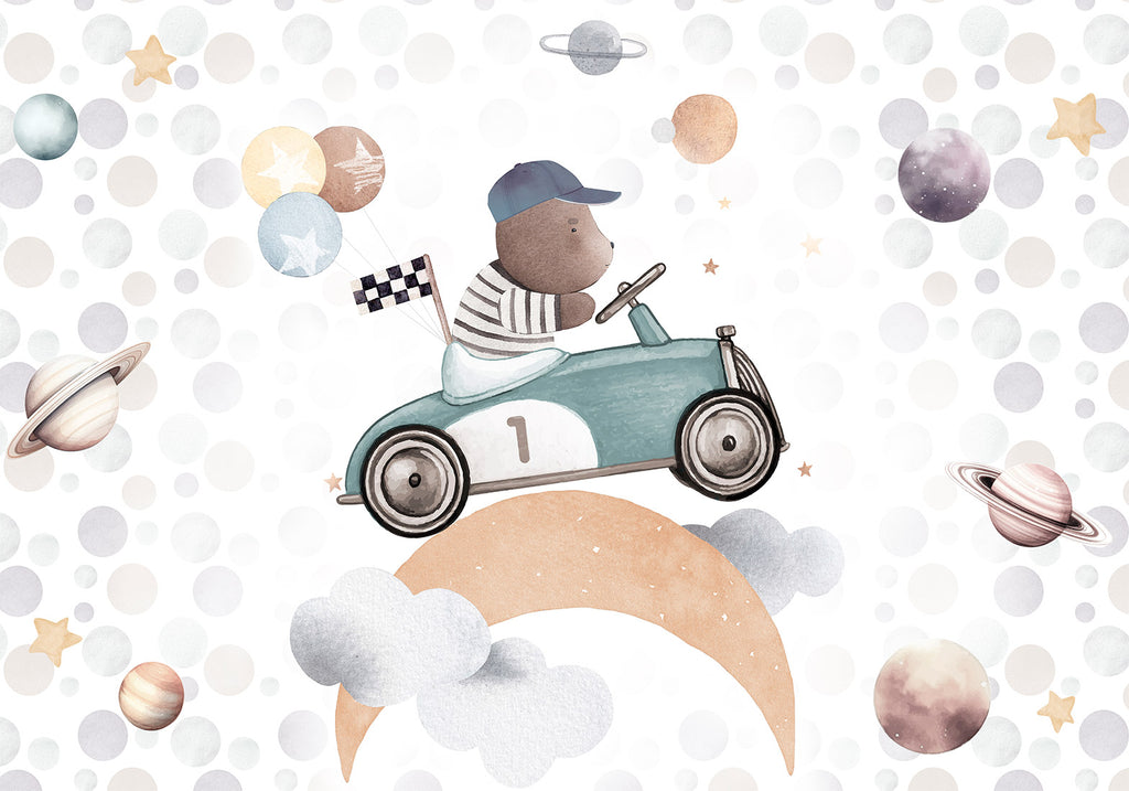 Wall Mural Teddy Bear in a Racing Car for Children