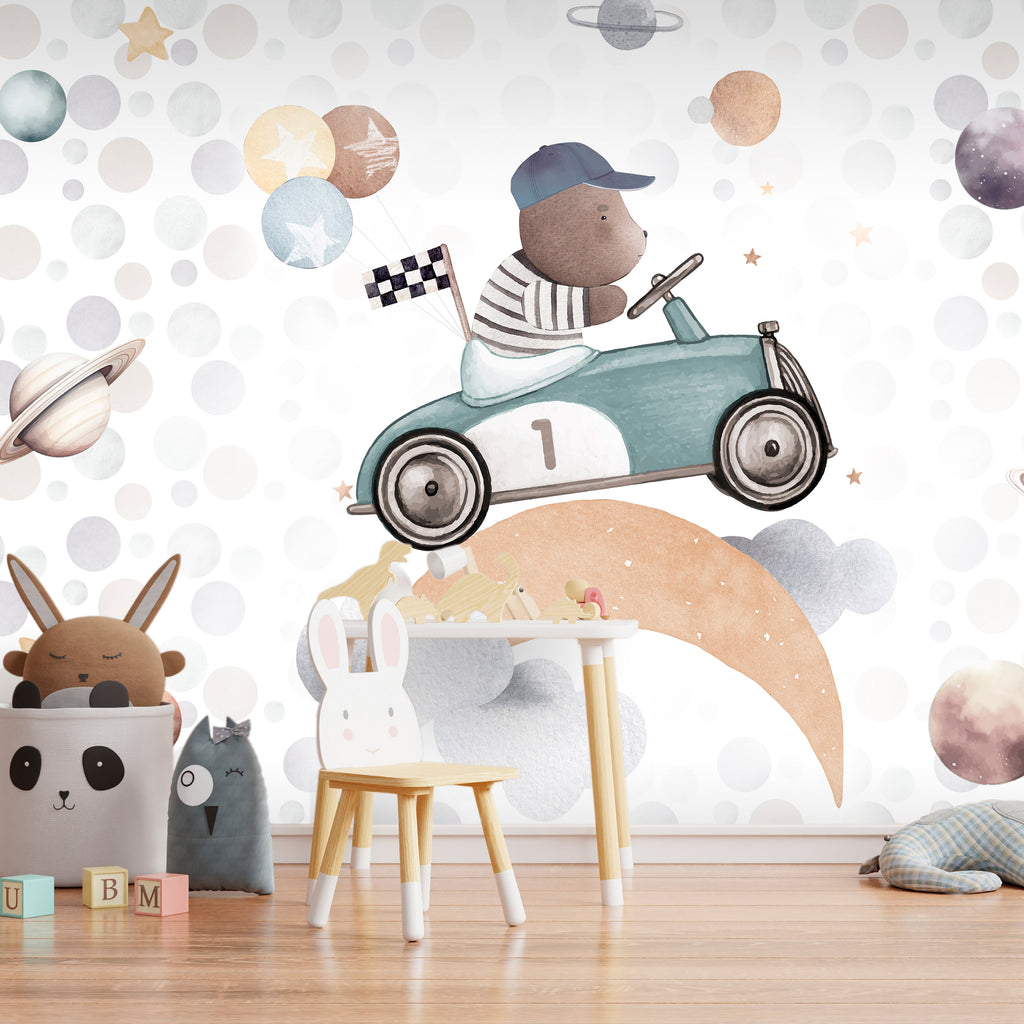 Wall Mural Teddy Bear in a Racing Car for Children