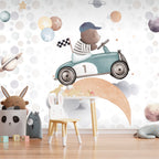 Wall Mural Teddy Bear in a Racing Car for Children