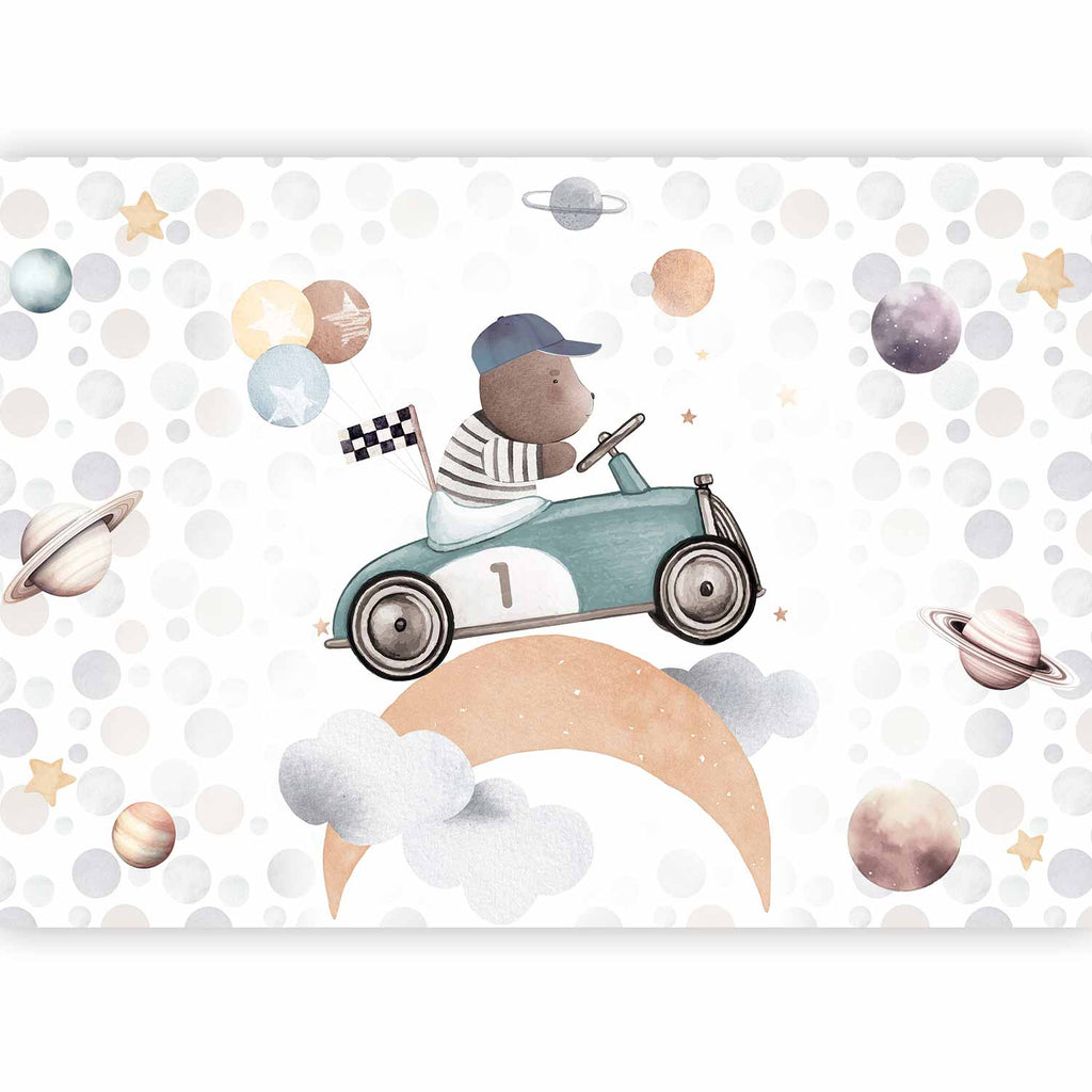 Wall Mural Teddy Bear in a Racing Car for Children