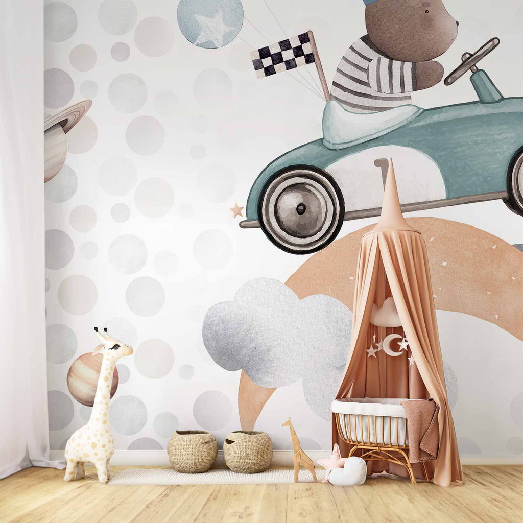 Wall Mural Teddy Bear in a Racing Car for Children
