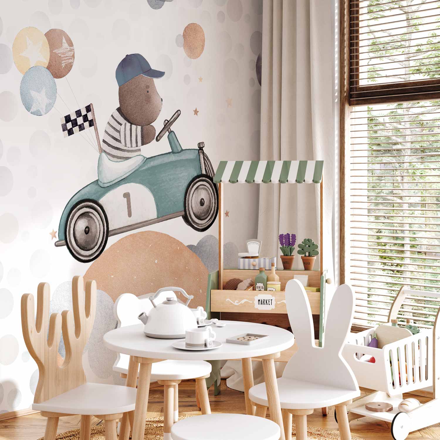 Teddy Bear Racing Car Kids Wall Mural