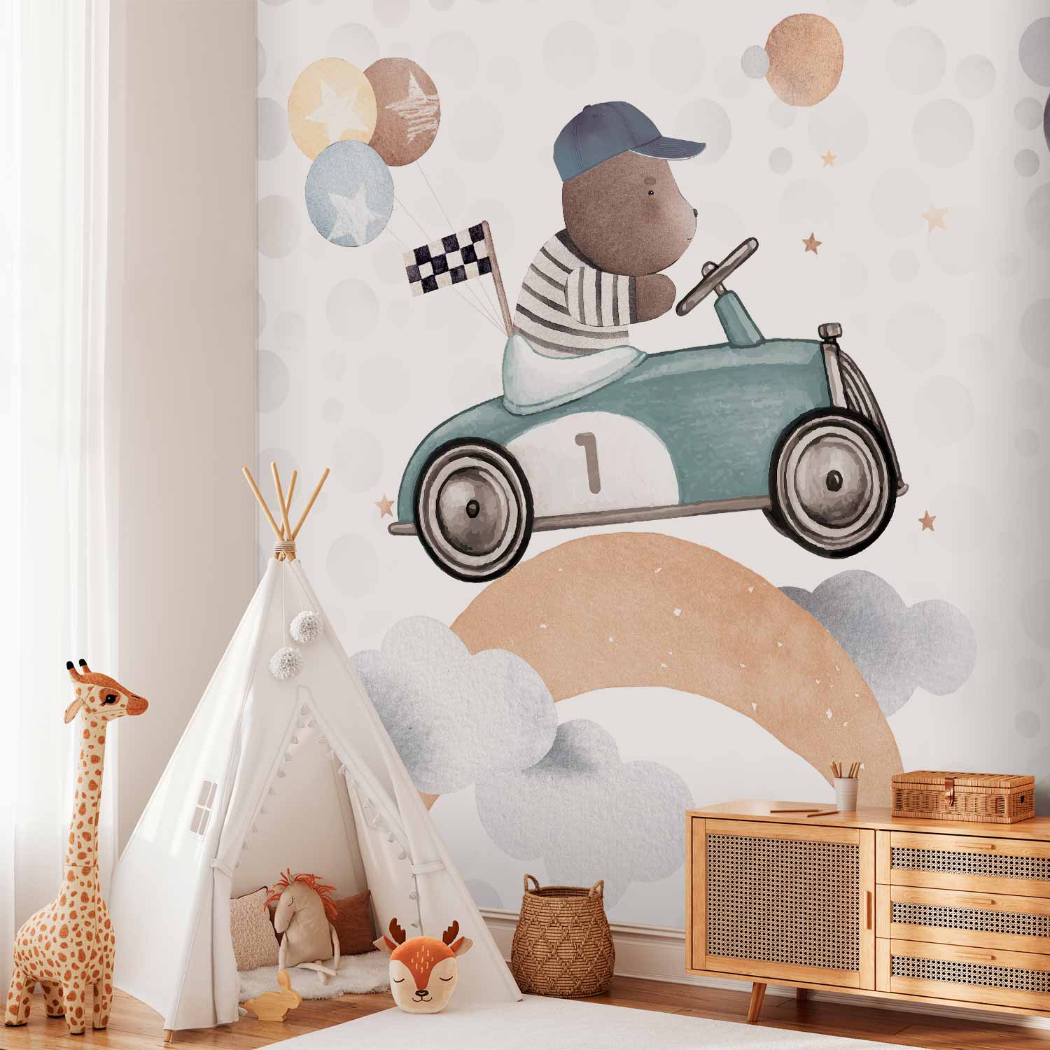 Teddy Bear Racing Car Kids Wall Mural