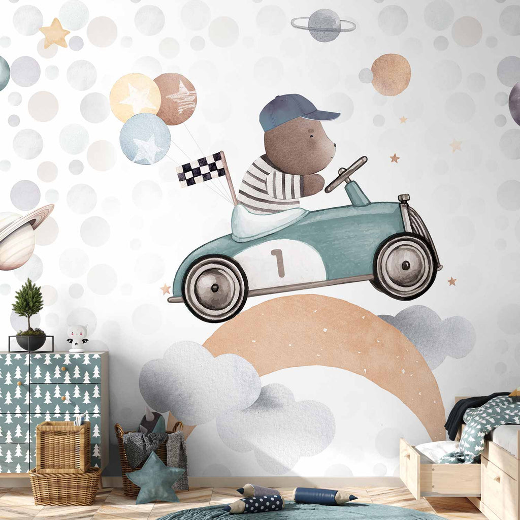 Wall Mural Teddy Bear in a Racing Car for Children