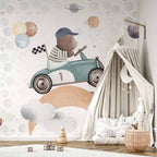 Teddy Bear Racing Car Kids Wall Mural
