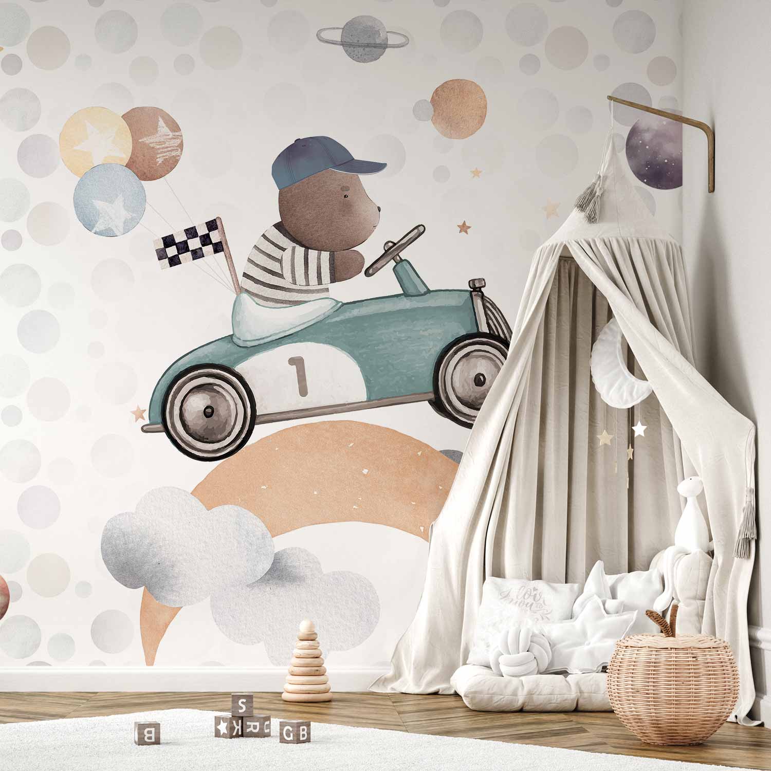Teddy Bear Racing Car Kids Wall Mural