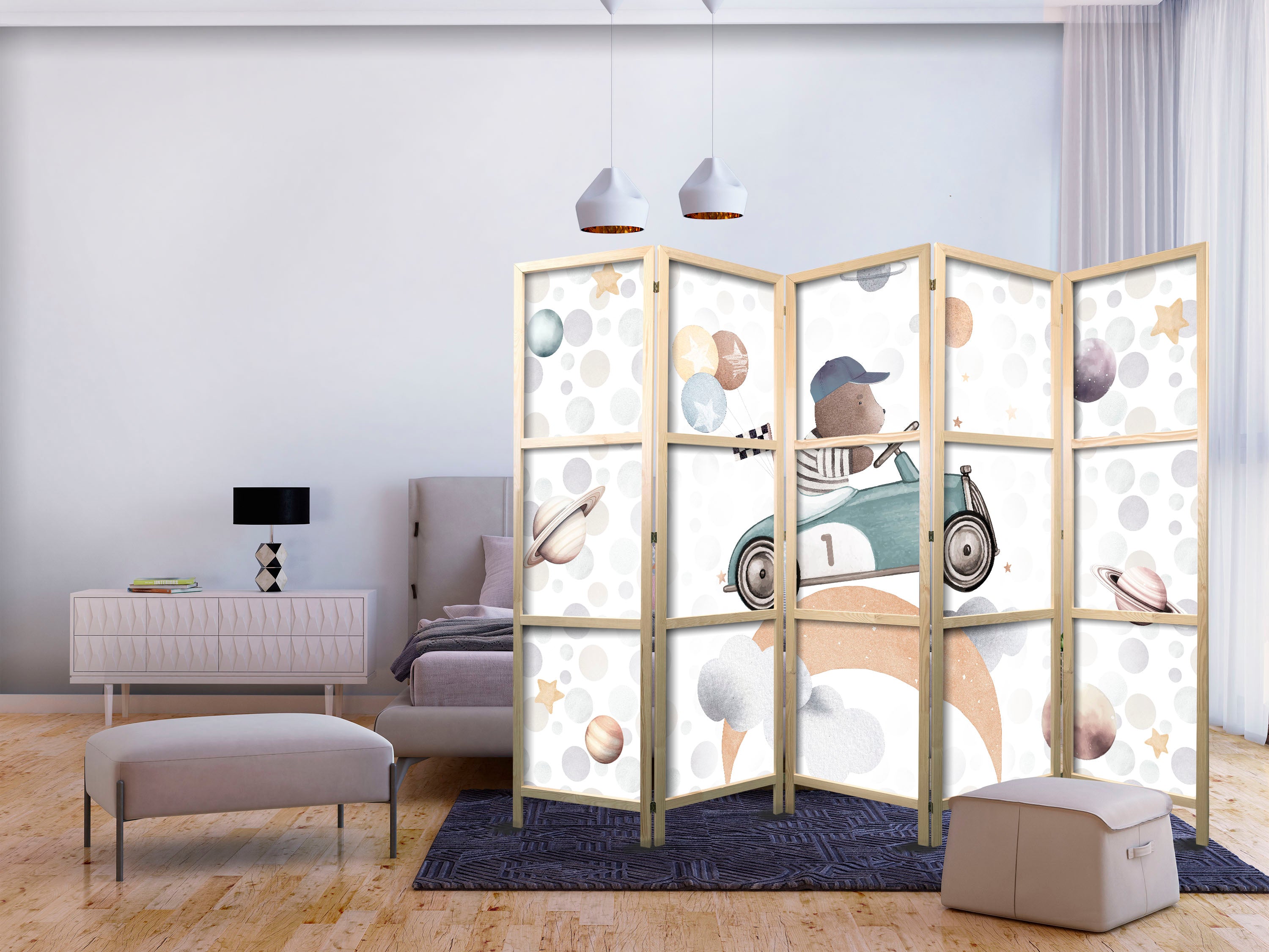 Japanese Room Divider - Galactic Races Bear in Pastel Colors