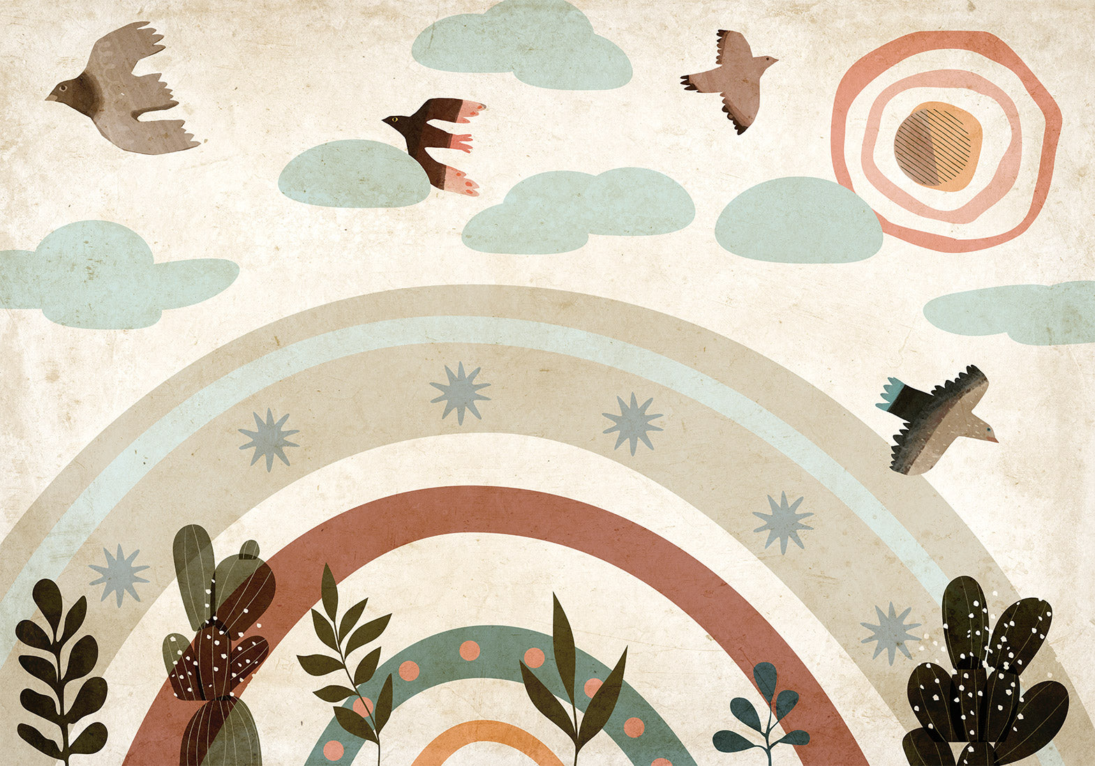 Wall Mural Rainbow and Birds for Children