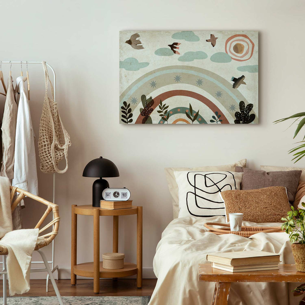 Rainbow Sun and Birds Kids Canvas Print